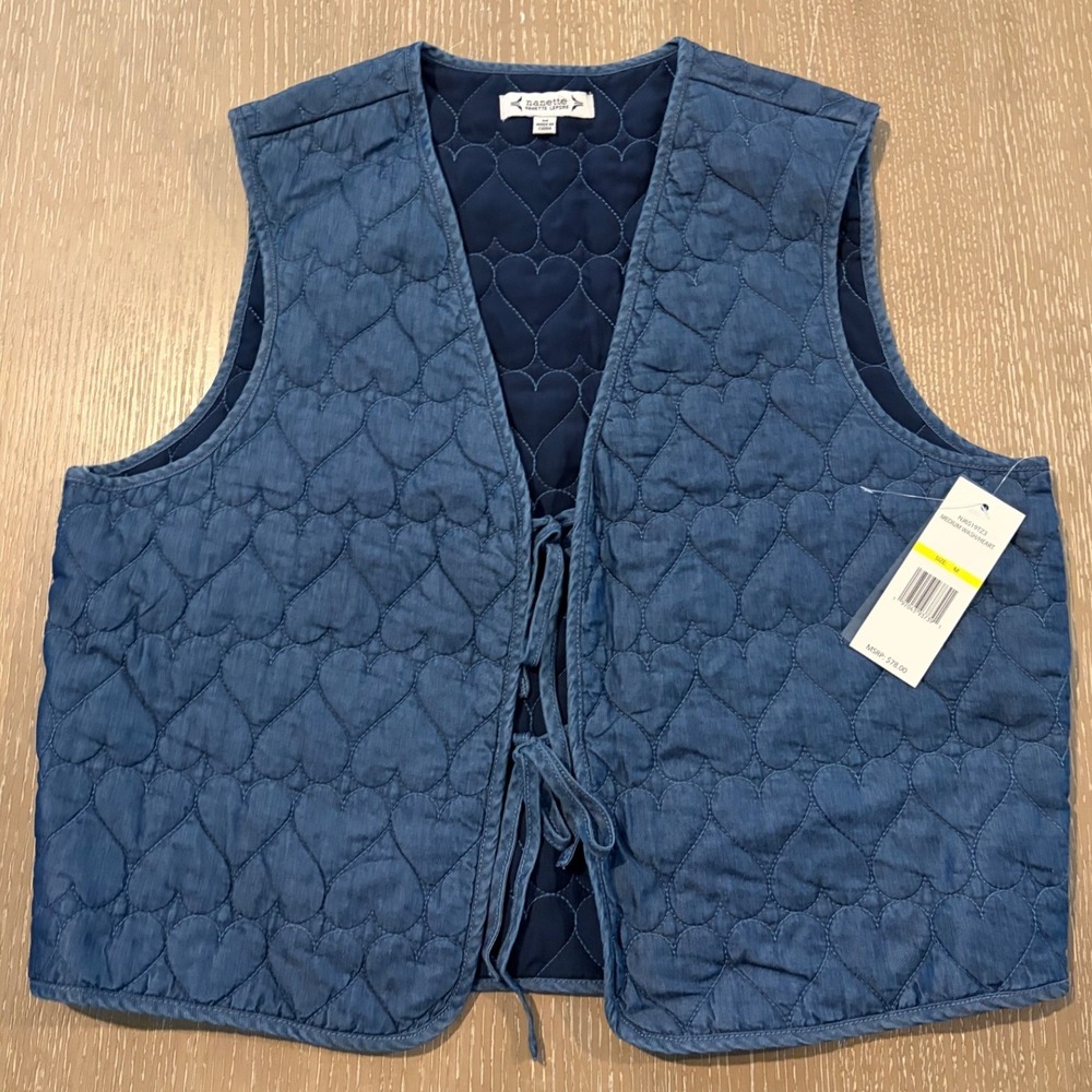 Nanette Lepore Womens M Blue Denim Heart Quilted Tie Front Vest NWT